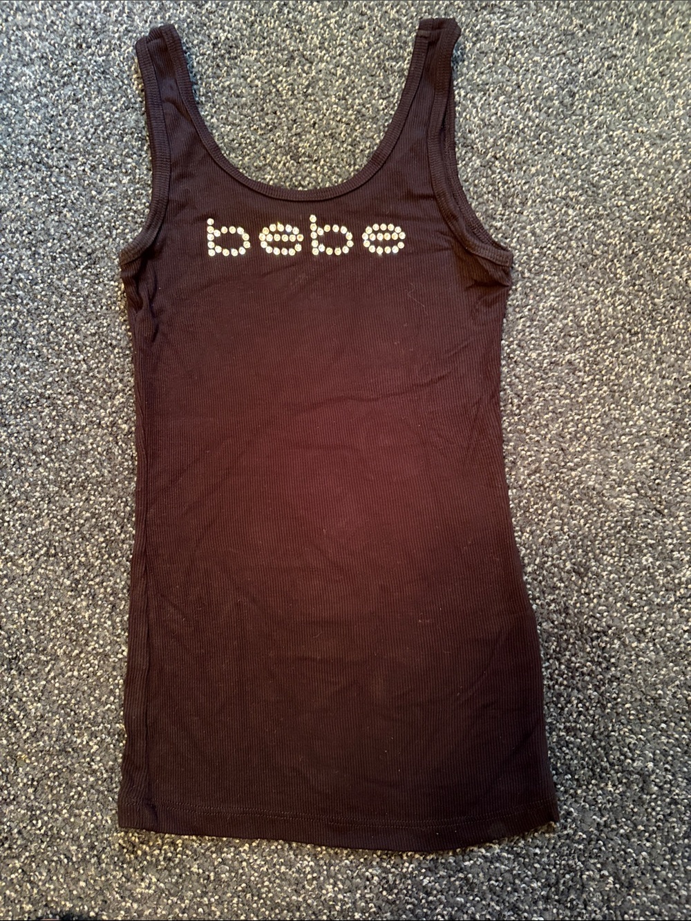 bebe Black Ribbed stretch Top with rhinestone Logo - Picture 4 of 8